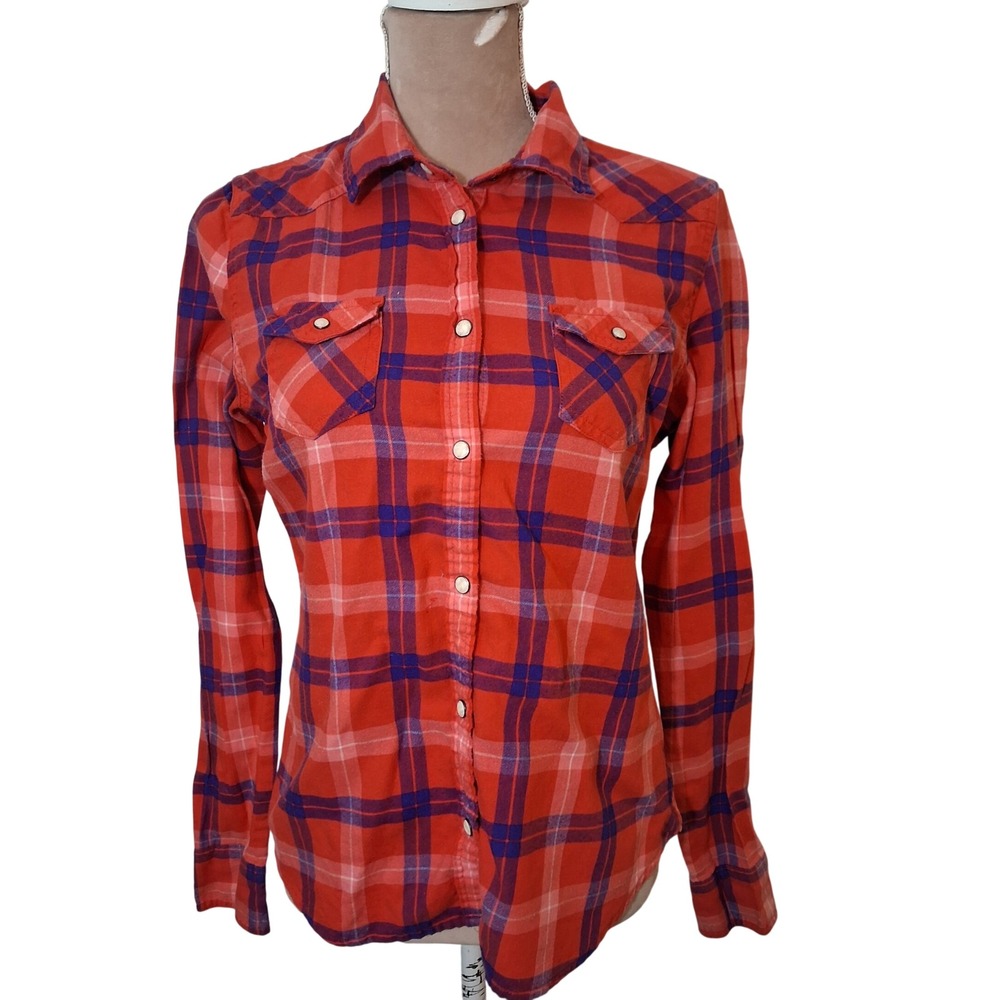 American Eagle Womens Medium Red Blue Plaid Western Snap Flannel SIhirt